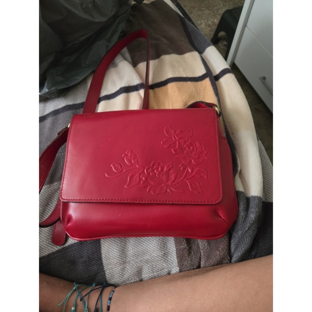 Patricia Nash Red Leather Floral Embossed Crossbody Bag Adjustable Strap